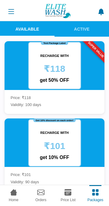 ELITE WASH recharge packages and offers screen